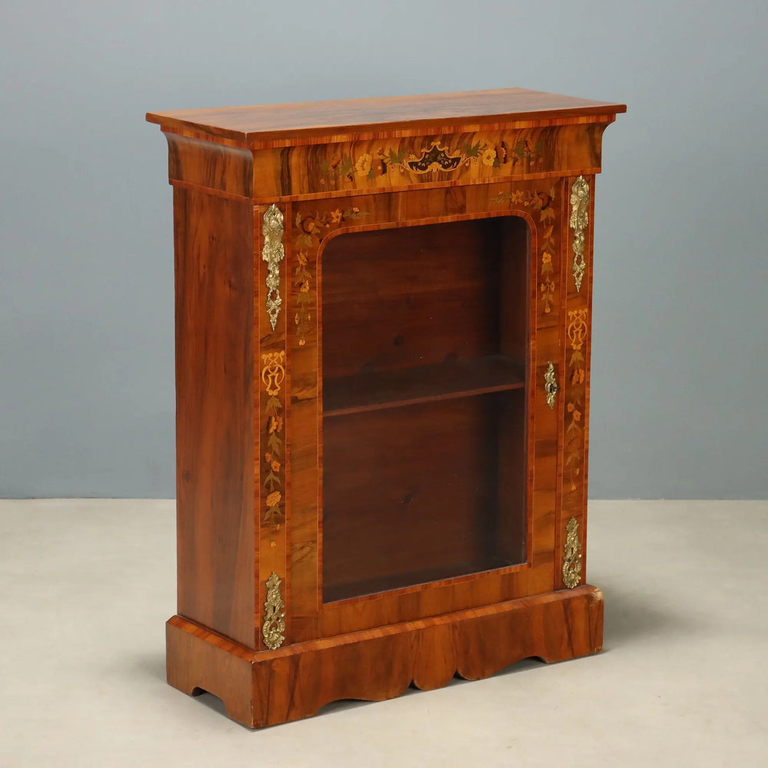 Antique Display Cabinet Walnut Inlays Bronze England XIX Century