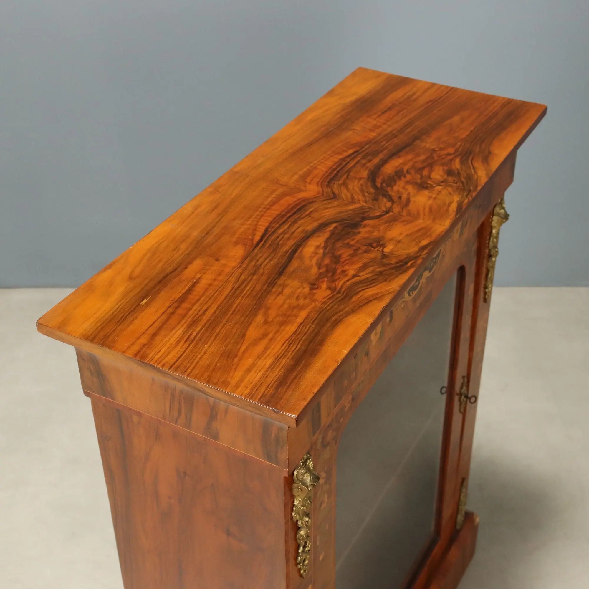 Antique Display Cabinet Walnut Inlays Bronze England XIX Century