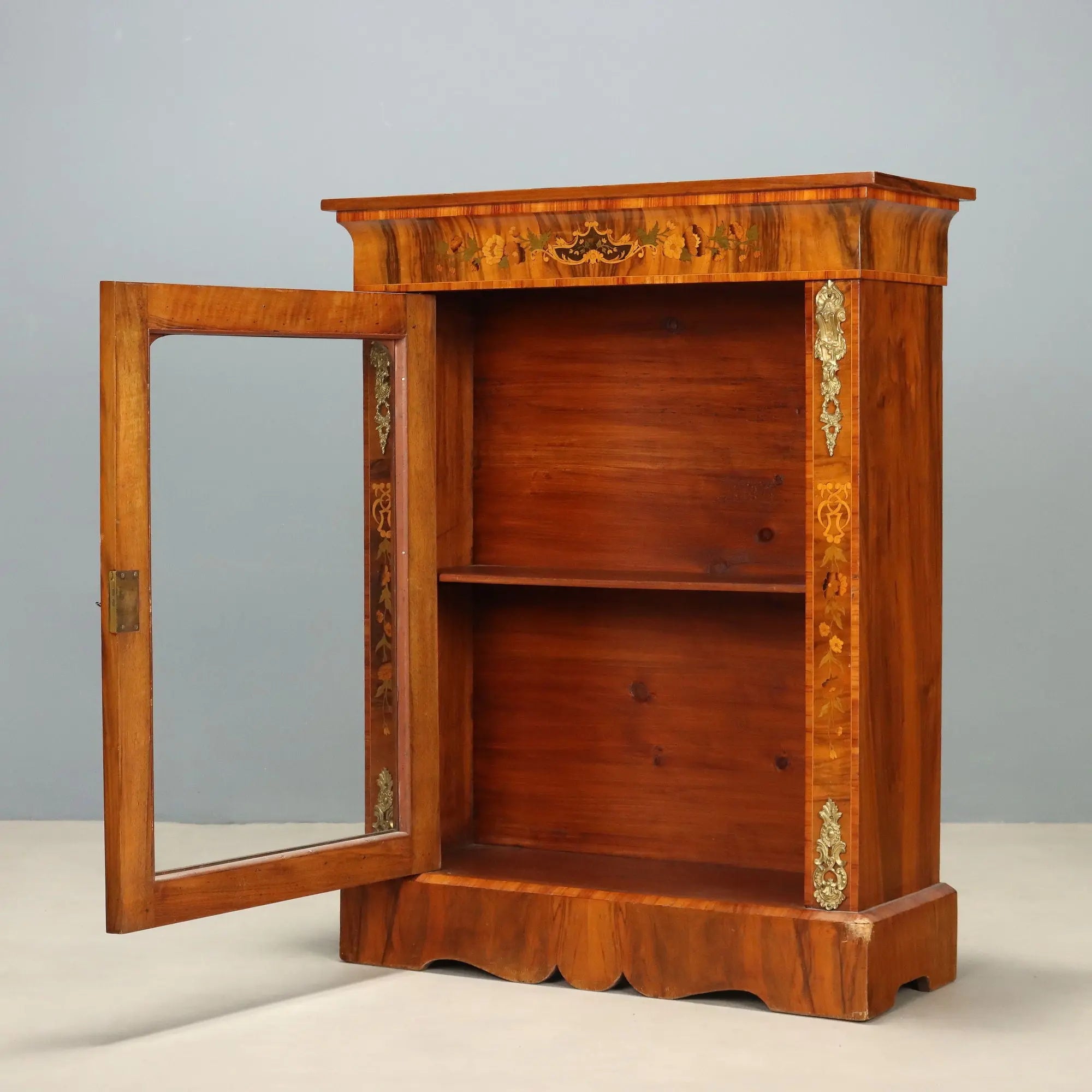 Antique Display Cabinet Walnut Inlays Bronze England XIX Century