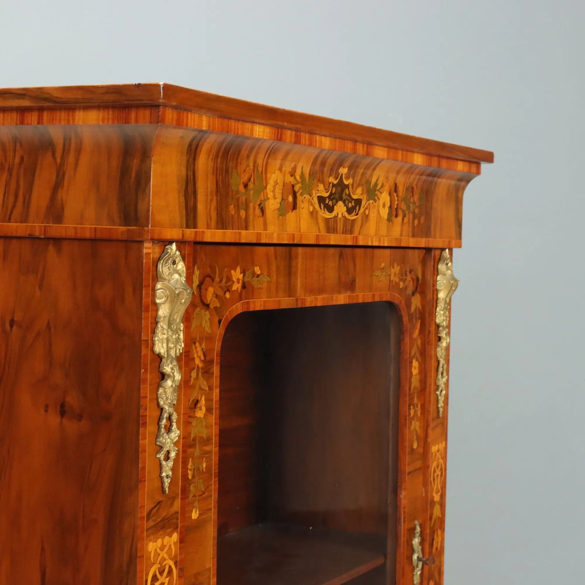 Antique Display Cabinet Walnut Inlays Bronze England XIX Century