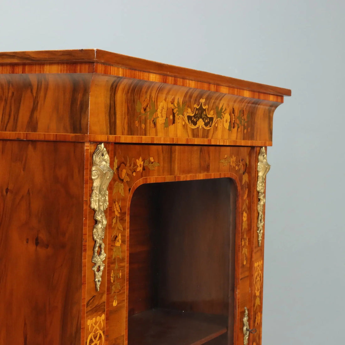 Antique Display Cabinet Walnut Inlays Bronze England XIX Century