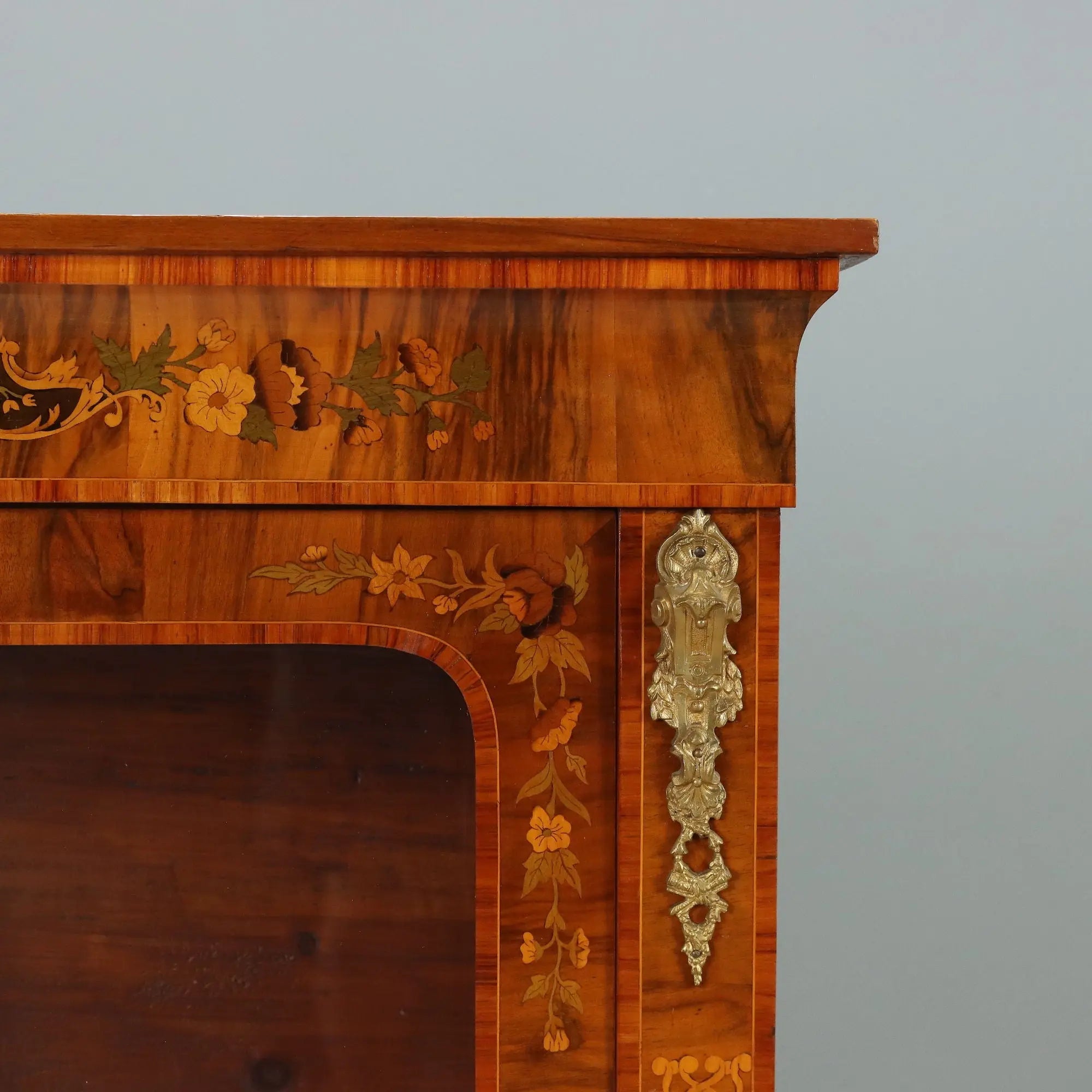 Antique Display Cabinet Walnut Inlays Bronze England XIX Century