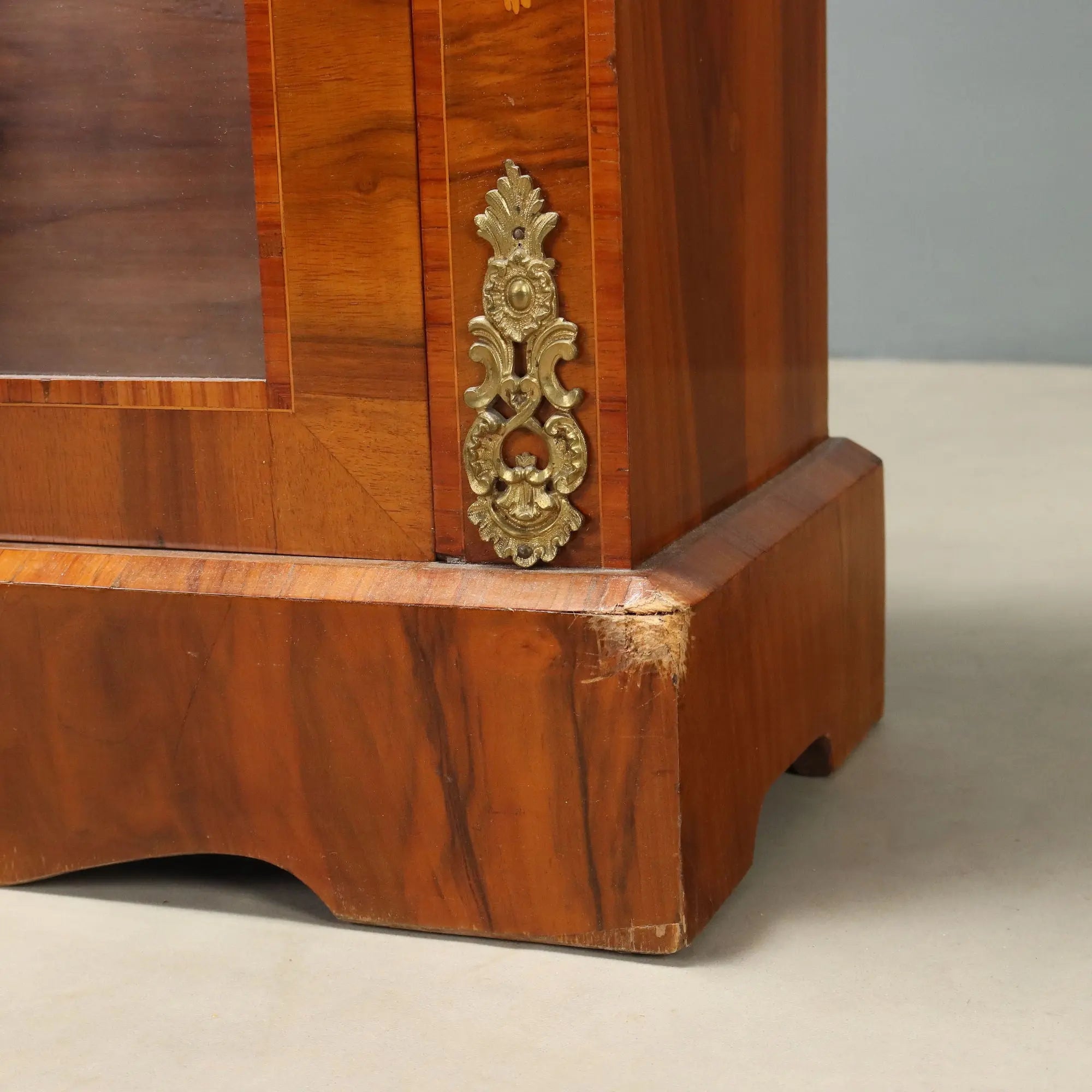 Antique Display Cabinet Walnut Inlays Bronze England XIX Century