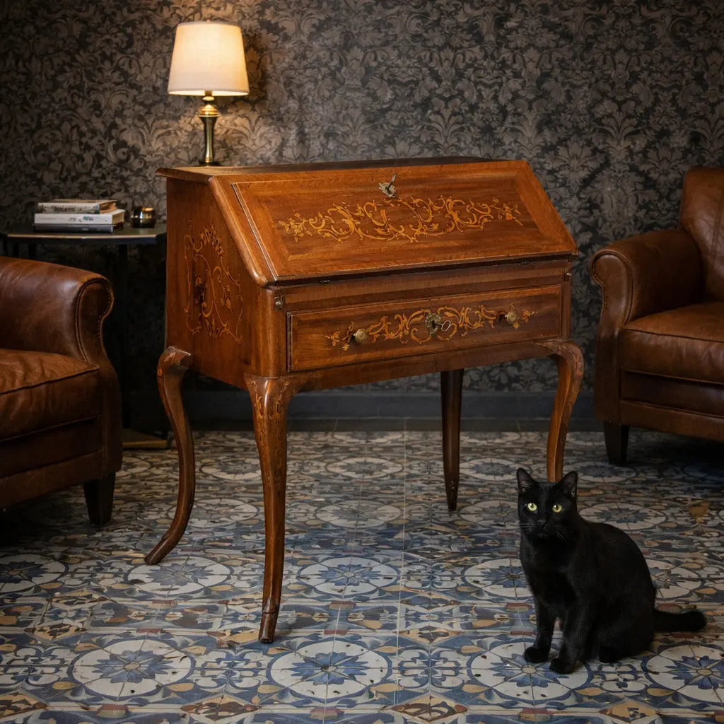 Antique Writing Desk Walnut Drawers Inlays Italy XVIII Century - Italy, Mid XVIII Century | Antiques | Drop-Leaf Secretaire & Secretaire