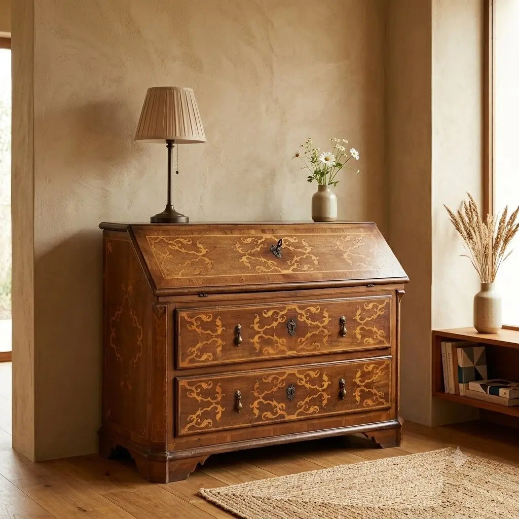 Antique Baroque Flap Cabinet Walnut Maple Italy XVIII Century - Piedmont, XVIII Century | Antiques | Drop-Leaf Secretaire & Secretaire