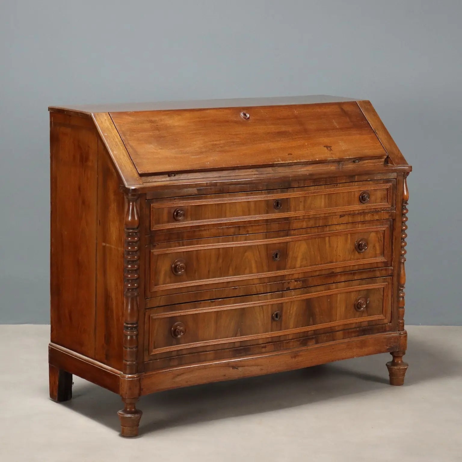 Antique Flap Cabinet Walnut Veneer 6 Drawers Italy XIX Century - Italy, Late XIX Century | Antiques | Drop-Leaf Secretaire & Secretaire