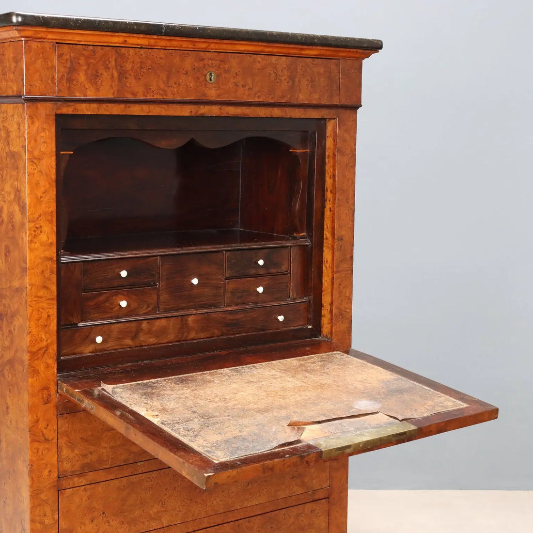 Antique Secretaire Elm Burl Marble Drawers France XIX Century - Northern France, Second Half XIX Century | Antiques | Drop-Leaf Secretaire & Secretaire
