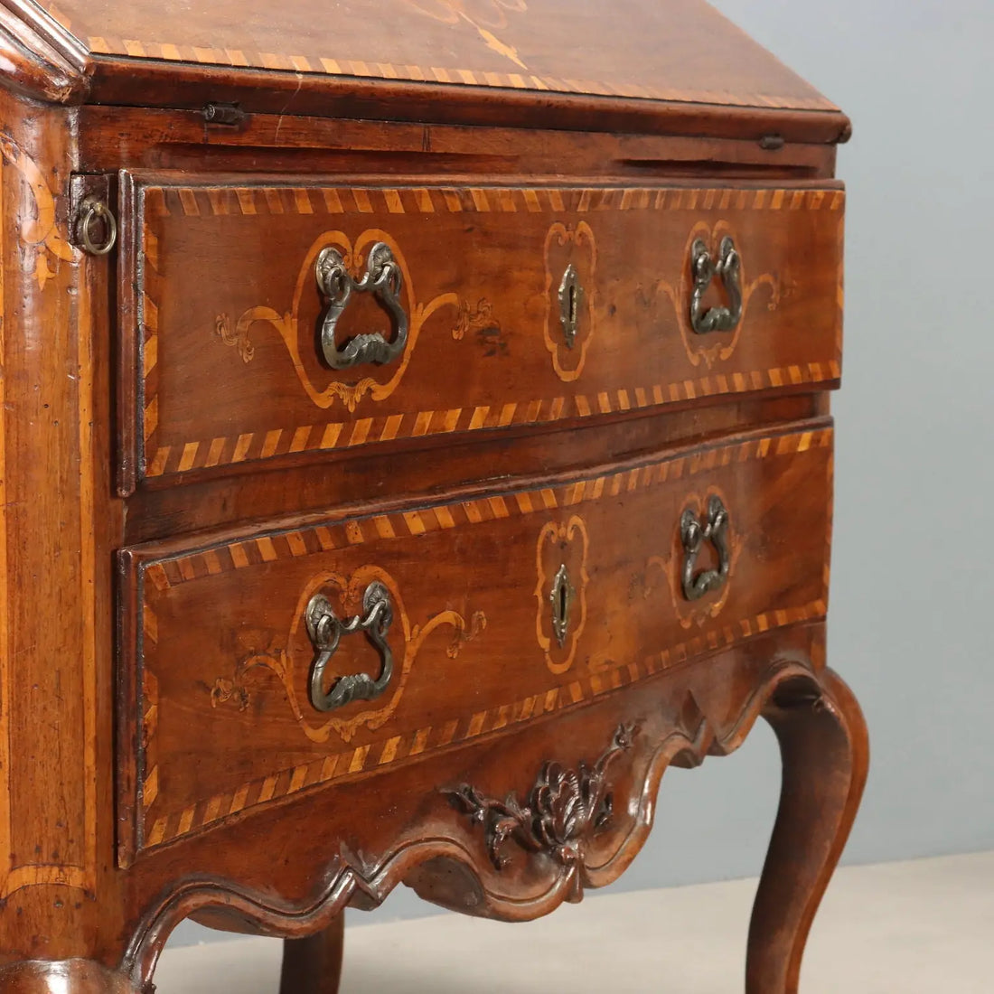 Antique Baroque Flap Door Cabinet Walnut Maple Italy XVIII Century