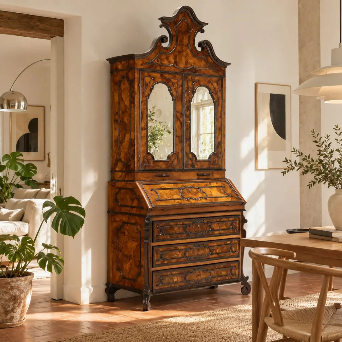 Antique Trumeau Walnut Burl Lombardy Italy XIX Century