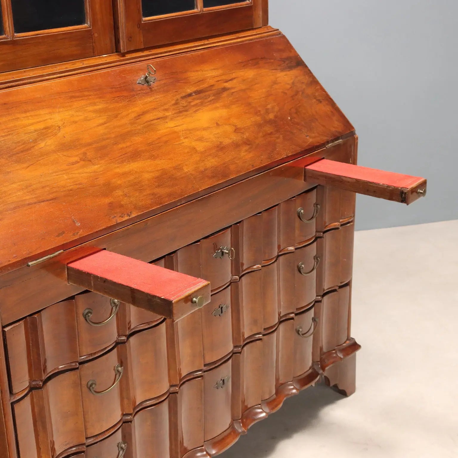 Antique Trumeau Walnut Leafy Carvings Italy XX Century - Northern Europe, XX Century | Antiques | Drop-Leaf Secretaire & Secretaire