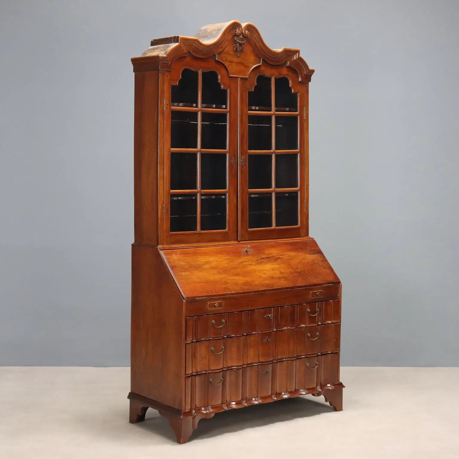 Antique Trumeau Walnut Leafy Carvings Italy XX Century - Northern Europe, XX Century | Antiques | Drop-Leaf Secretaire & Secretaire
