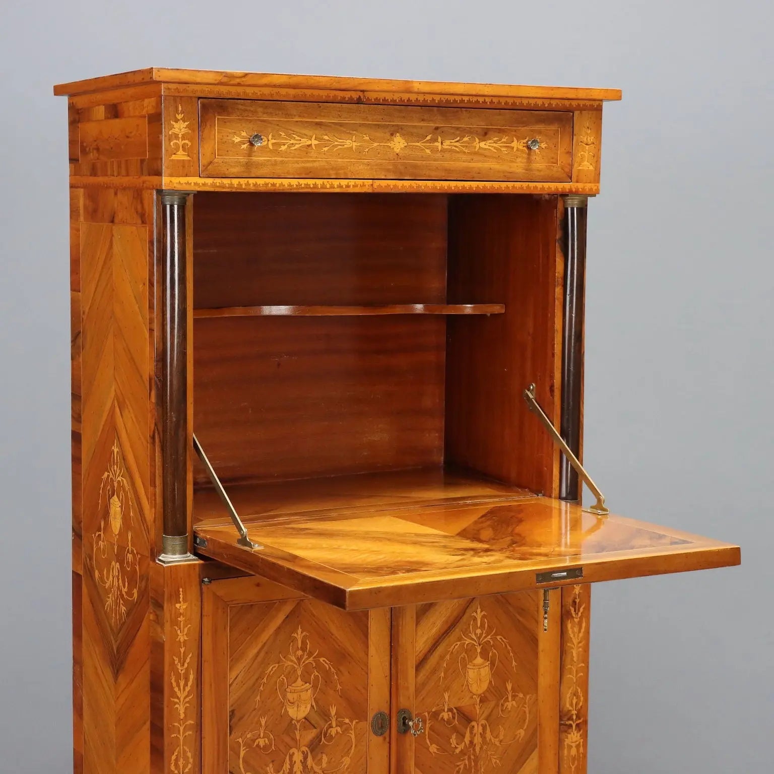 Antique Secrétaire Empire Style Walnut Maple Inlays XX Century