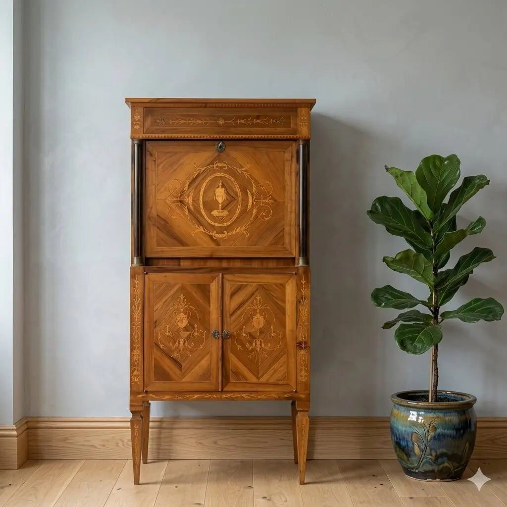 Antique Secrétaire Empire Style Walnut Maple Inlays XX Century