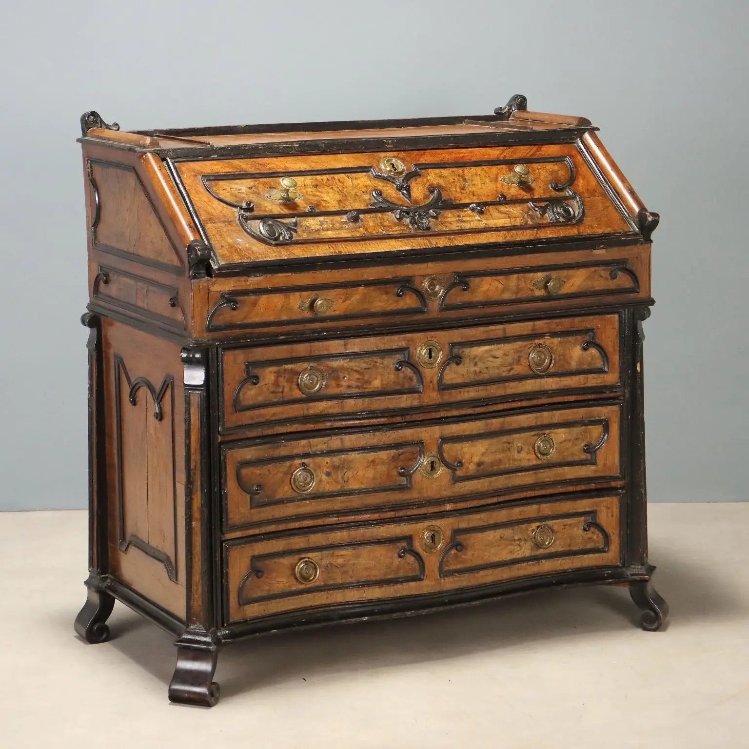Antique Flap Cabinet Walnut Burl Bronze Drawers Italy XVIII Century