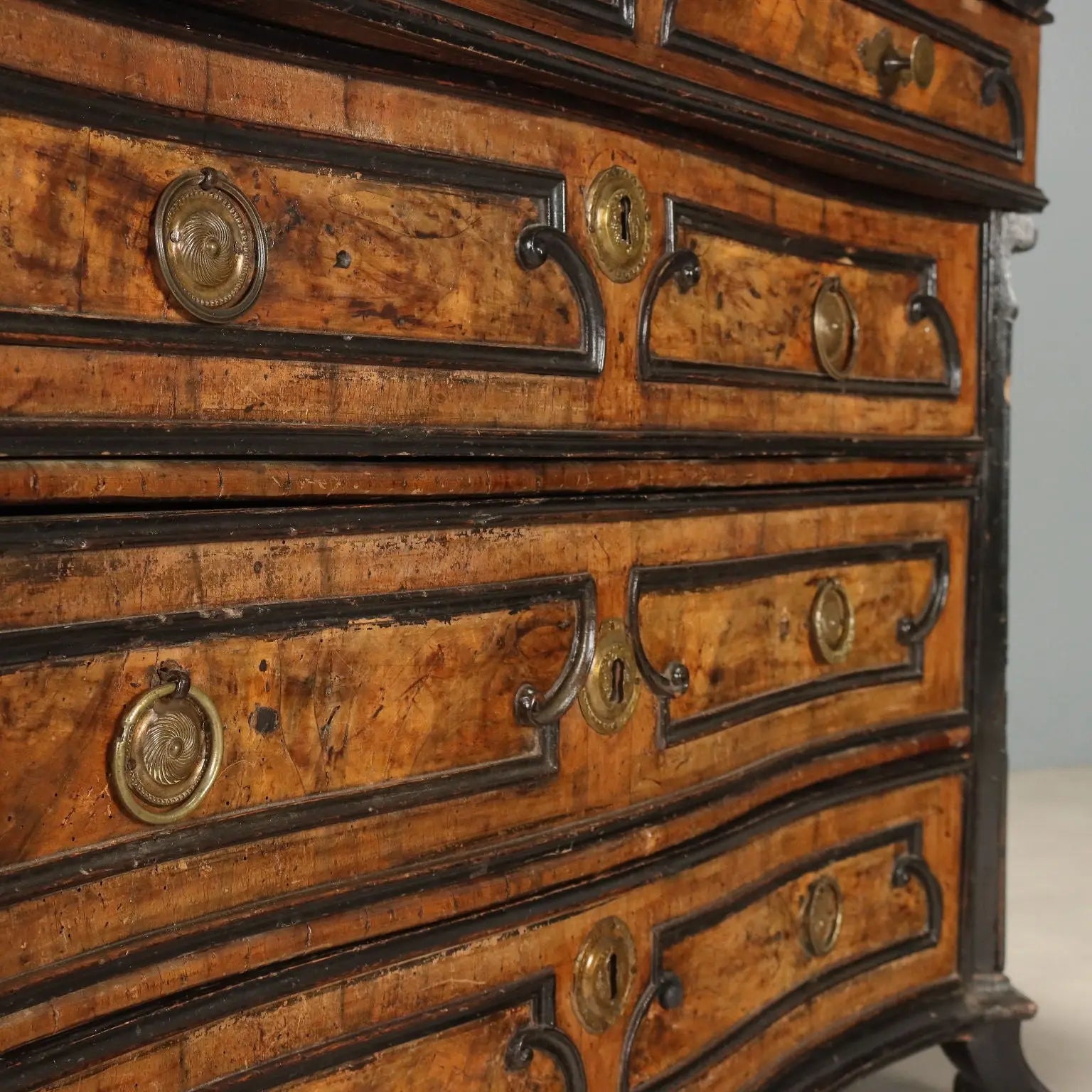 Antique Flap Cabinet Walnut Burl Bronze Drawers Italy XVIII Century