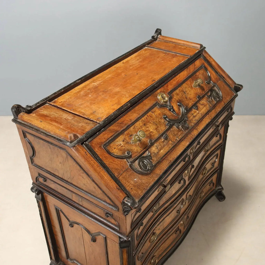 Antique Flap Cabinet Walnut Burl Bronze Drawers Italy XVIII Century