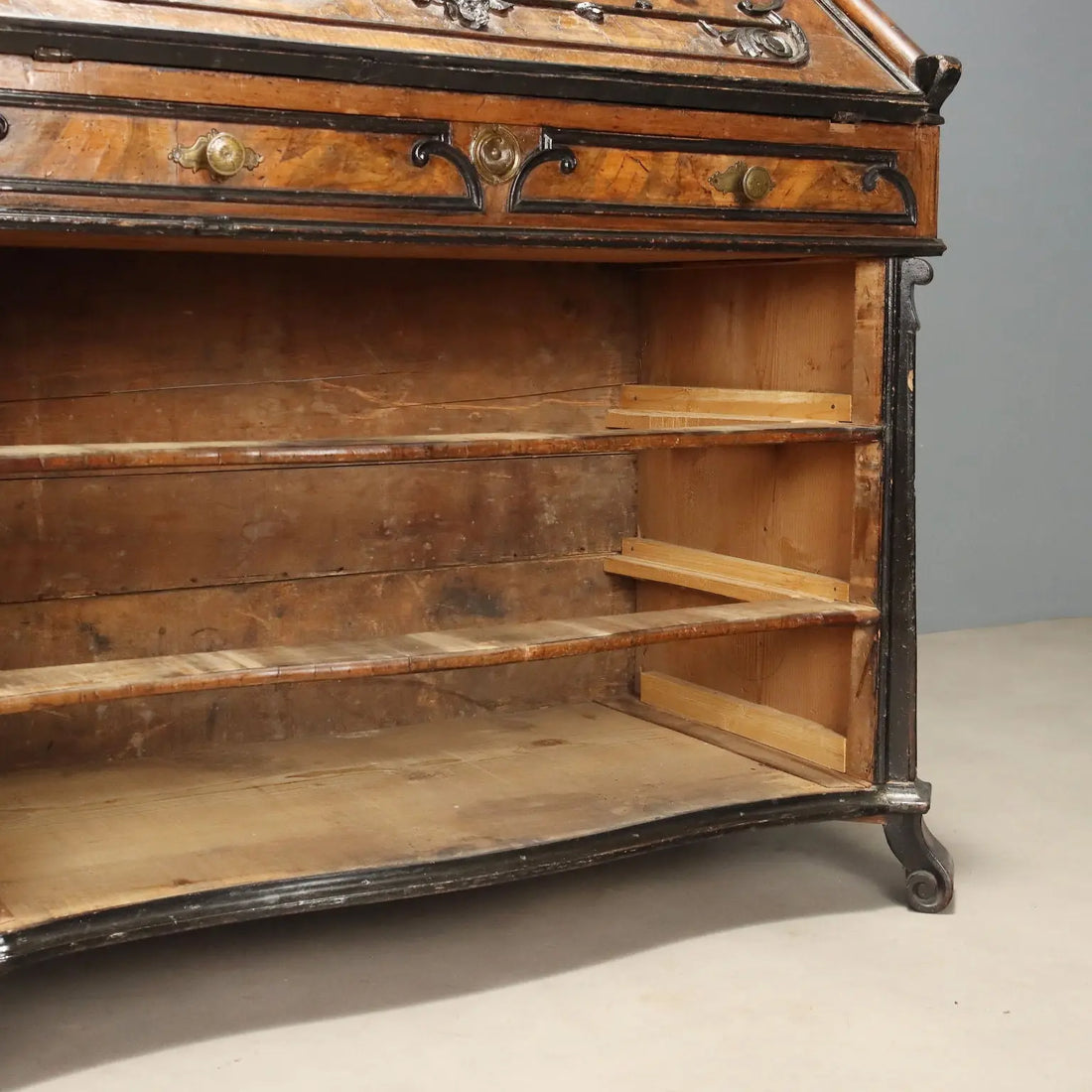 Antique Flap Cabinet Walnut Burl Bronze Drawers Italy XVIII Century