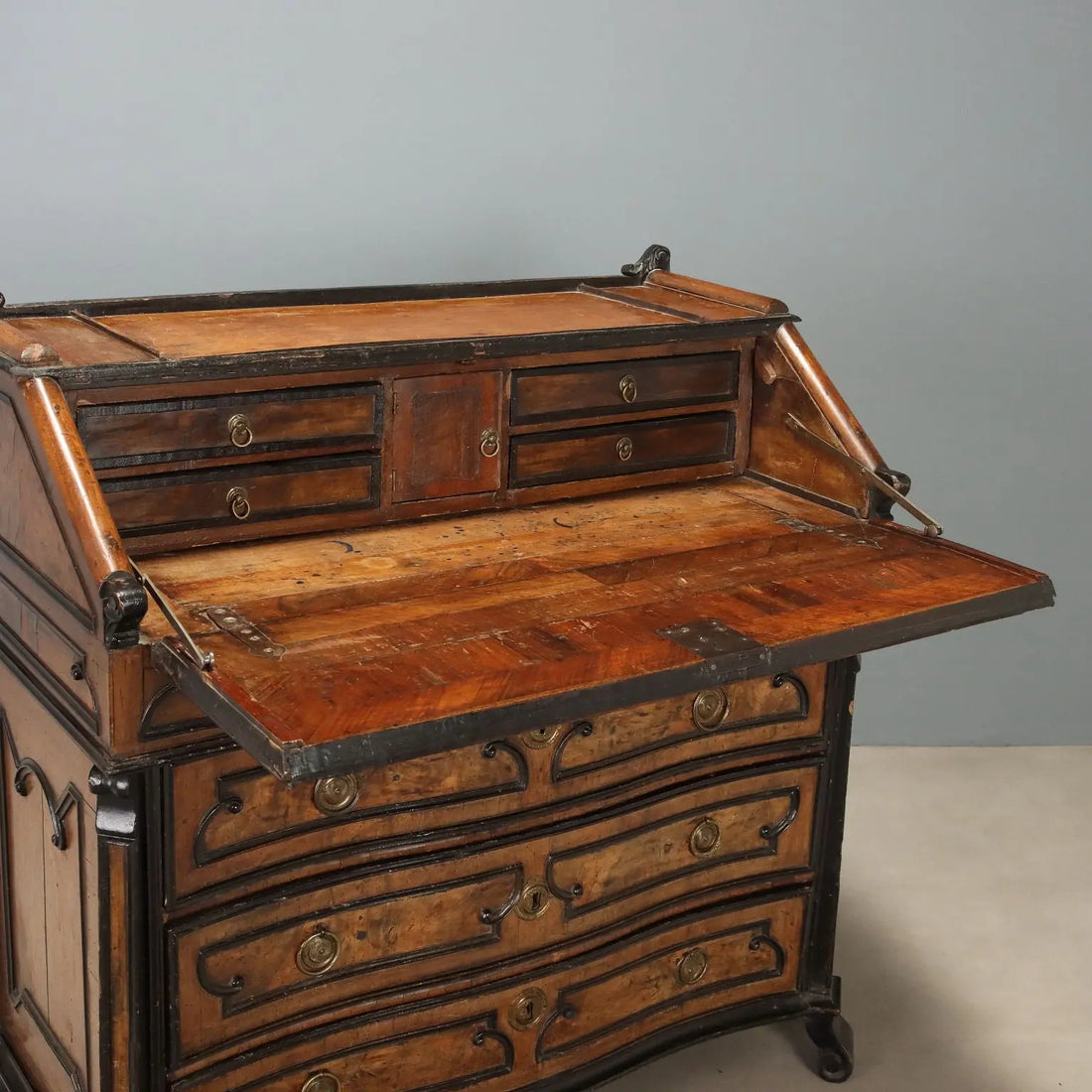 Antique Flap Cabinet Walnut Burl Bronze Drawers Italy XVIII Century