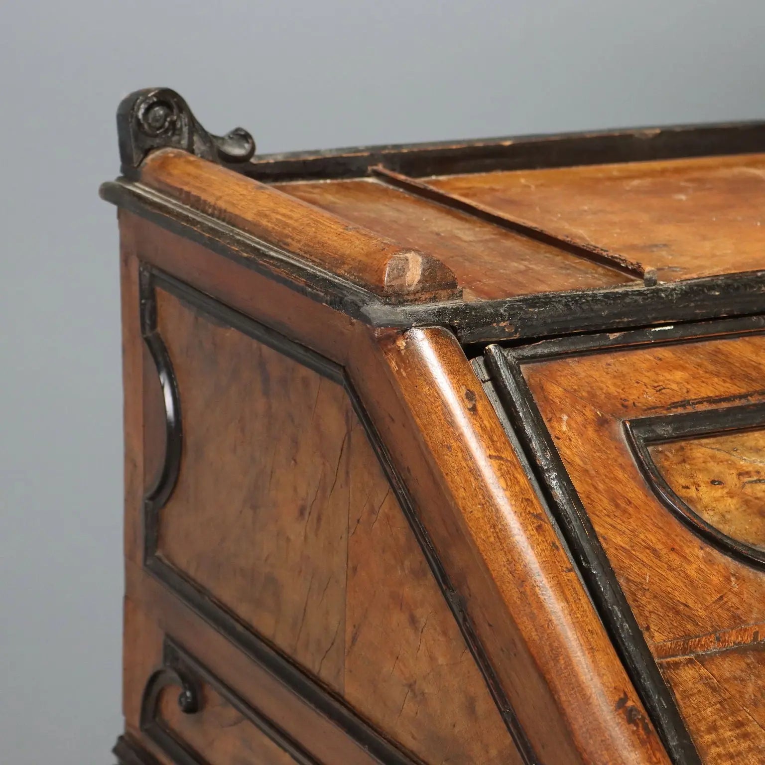 Antique Flap Cabinet Walnut Burl Bronze Drawers Italy XVIII Century
