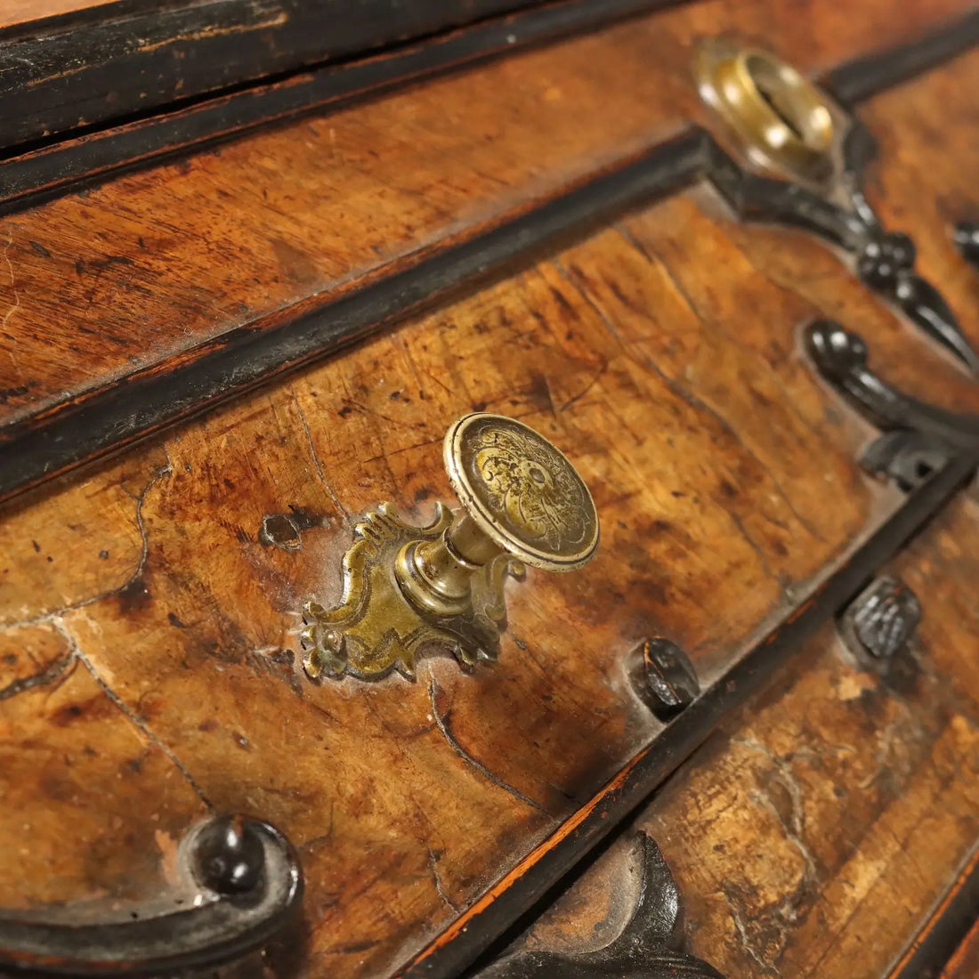 Antique Flap Cabinet Walnut Burl Bronze Drawers Italy XVIII Century