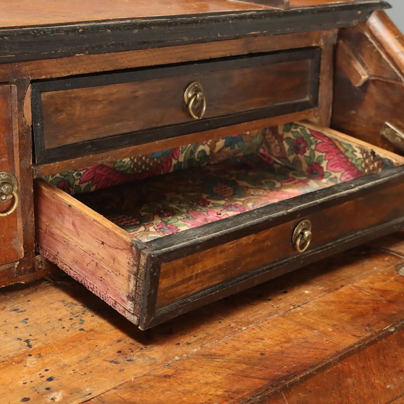 Antique Flap Cabinet Walnut Burl Bronze Drawers Italy XVIII Century
