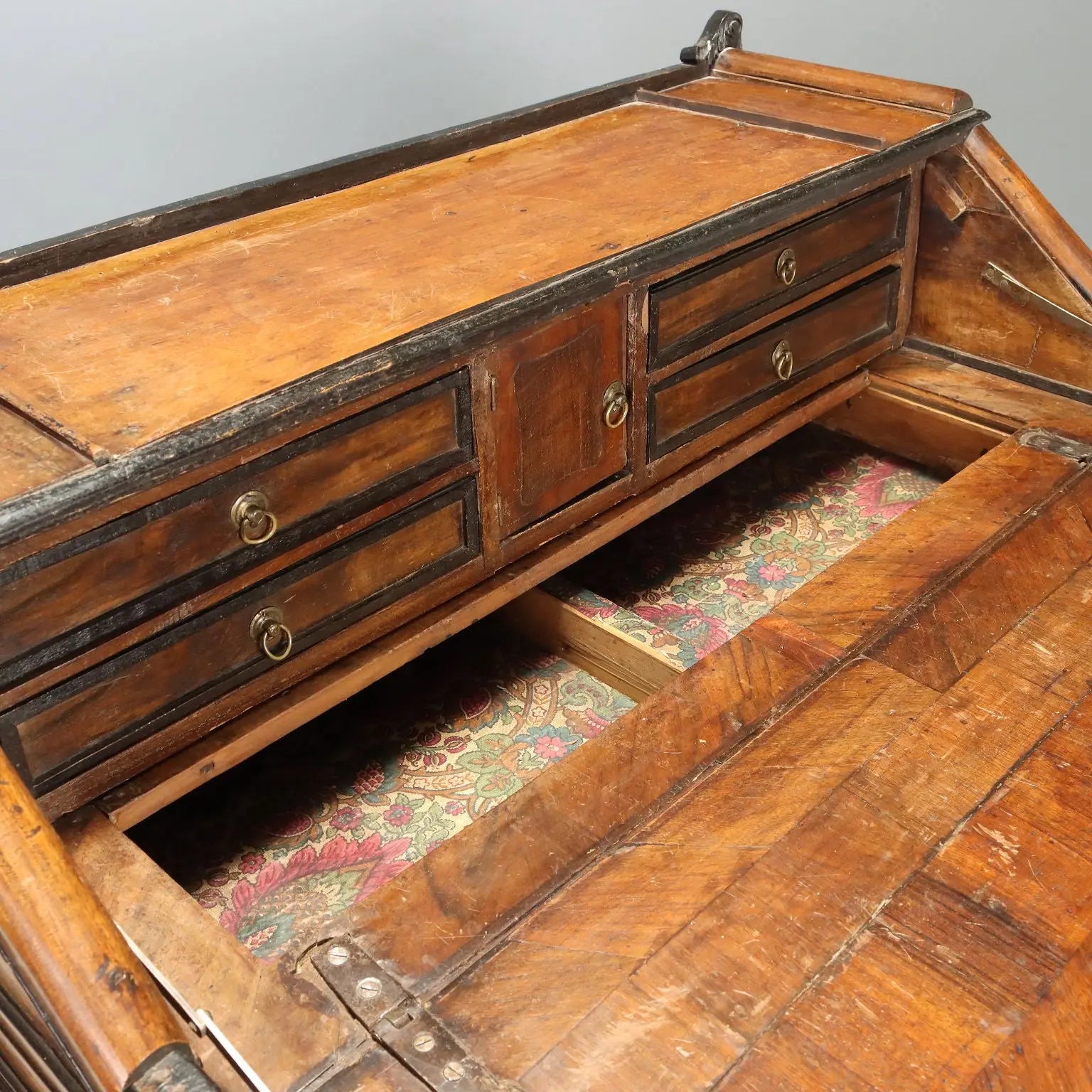 Antique Flap Cabinet Walnut Burl Bronze Drawers Italy XVIII Century