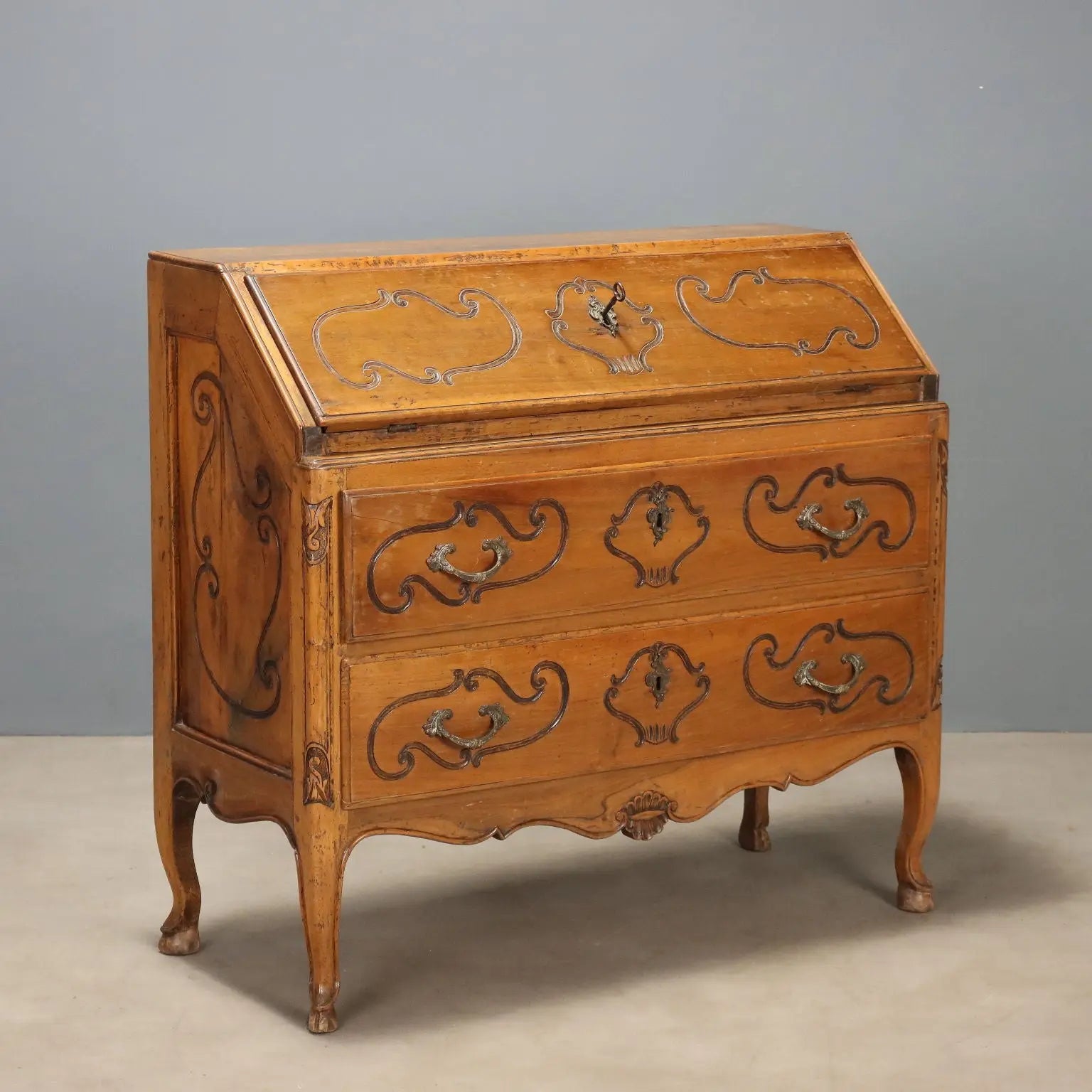 Walnut Bureau with 18th-Century Piedmontese Carvings