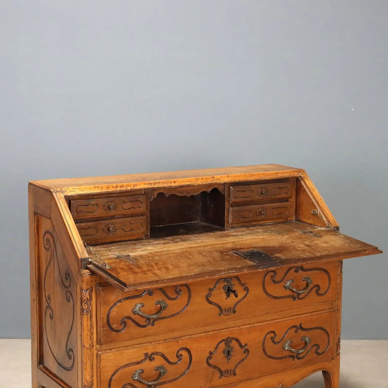 Walnut Bureau with 18th-Century Piedmontese Carvings