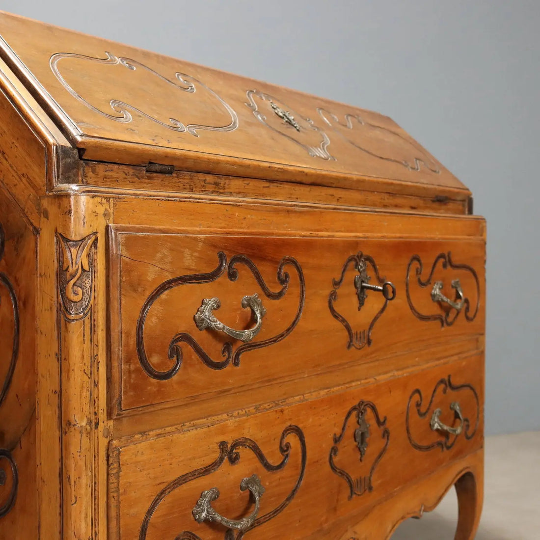 Walnut Bureau with 18th-Century Piedmontese Carvings