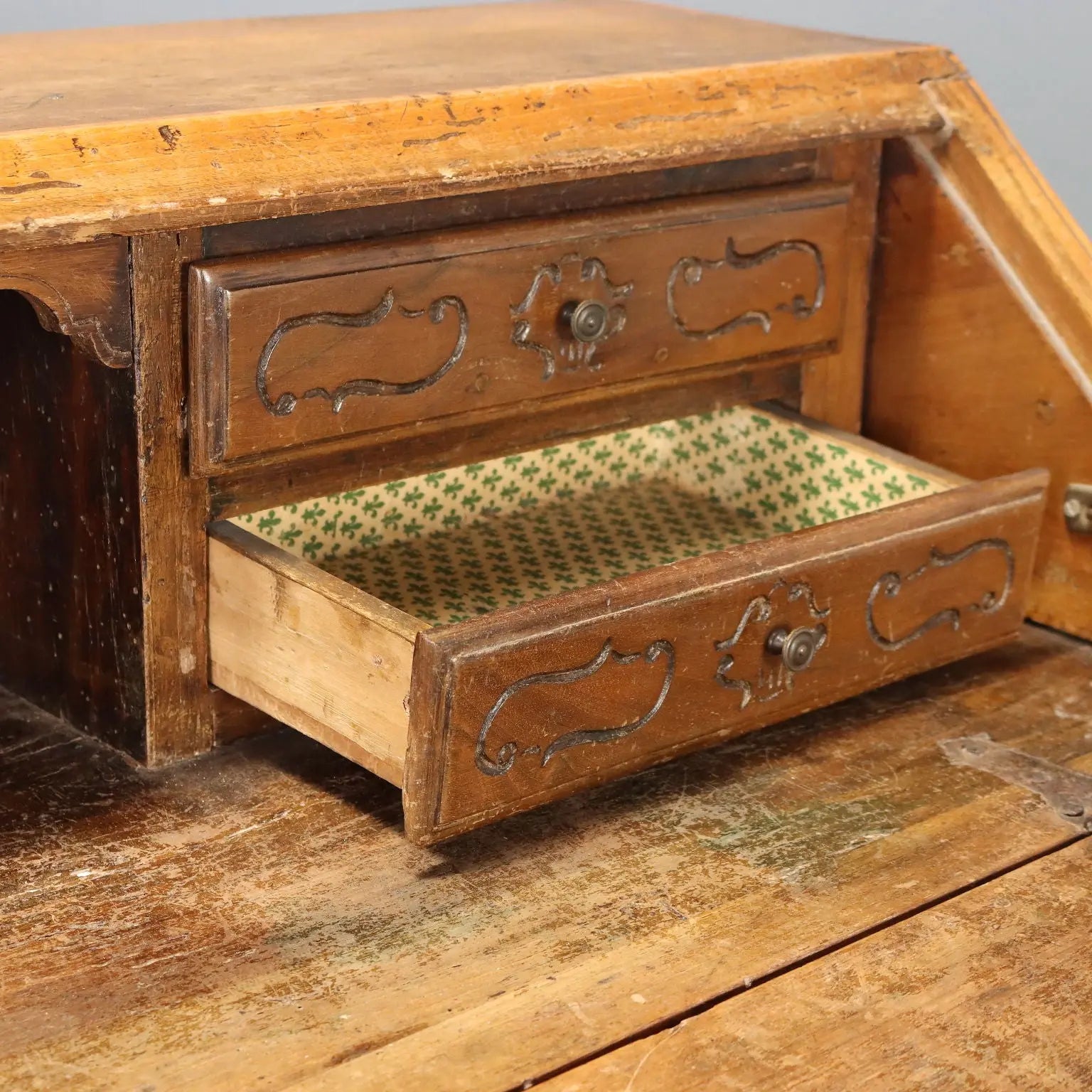 Walnut Bureau with 18th-Century Piedmontese Carvings