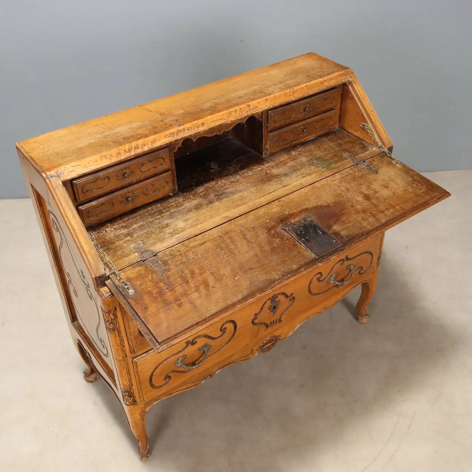 Walnut Bureau with 18th-Century Piedmontese Carvings