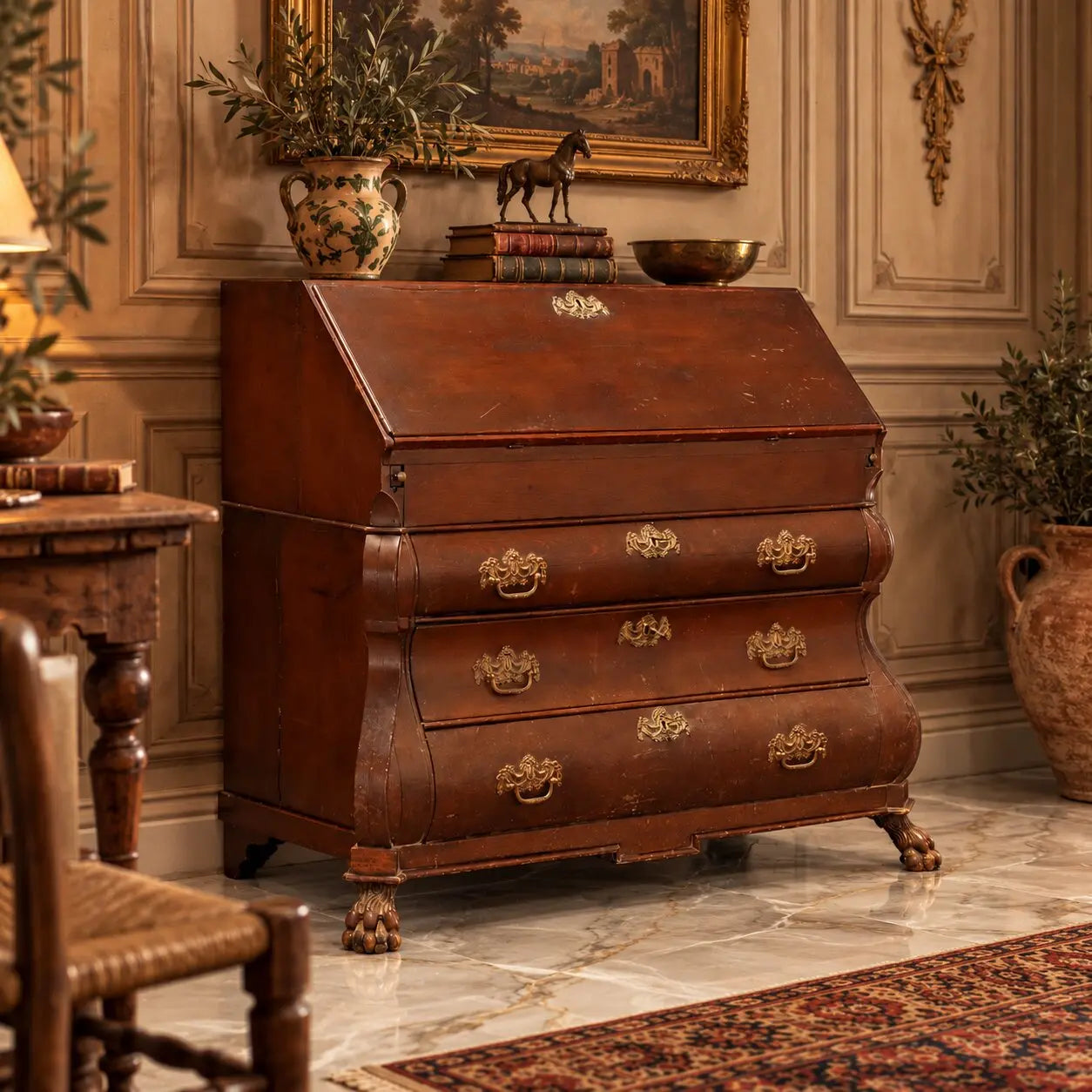 Antique Flap Cabinet Oak with Decorations Bronze Netherlands XIX Century