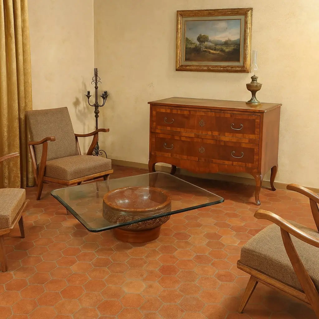 Vintage Coffee Table Glass Top Terracotta Basement XX Century - Italy, XX Century | Antiques | Side & Coffee Tables