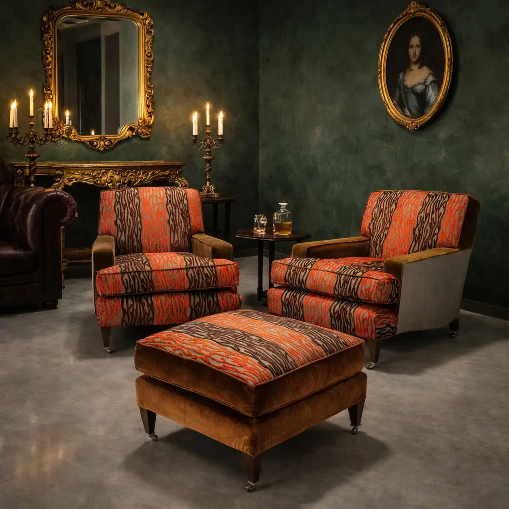 Antique Armchairs with Poufs Velvet Fabric Italy XX Century - Italy, XX Century | Antiques | Seating
