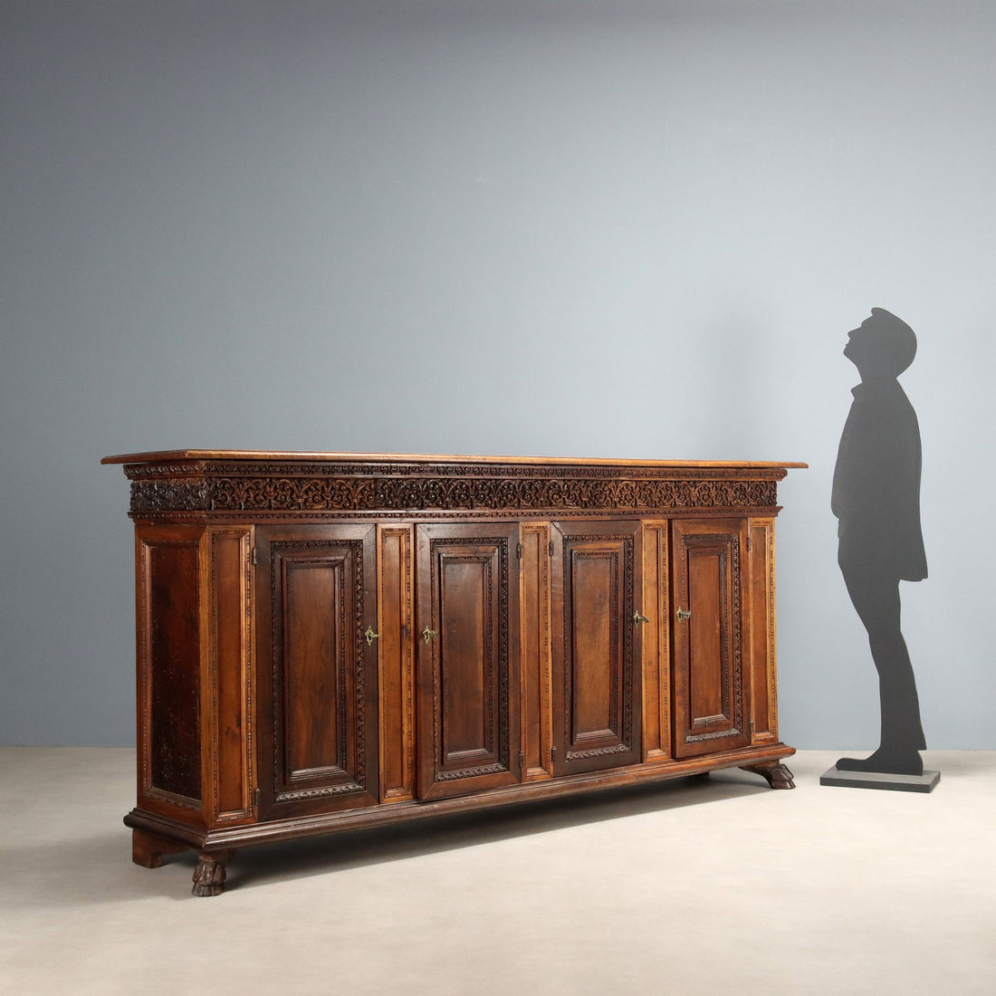 Antique Cupboard Walnut 4 Doors Decorations Italy XX Century