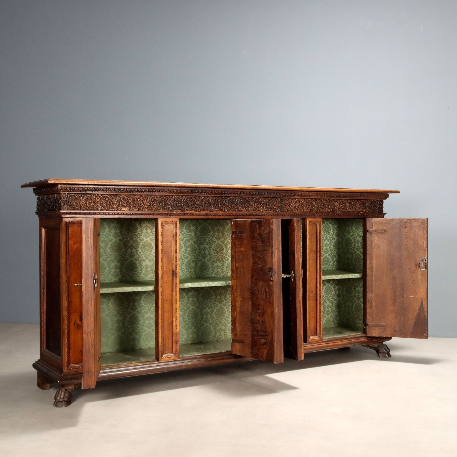 Antique Cupboard Walnut 4 Doors Decorations Italy XX Century