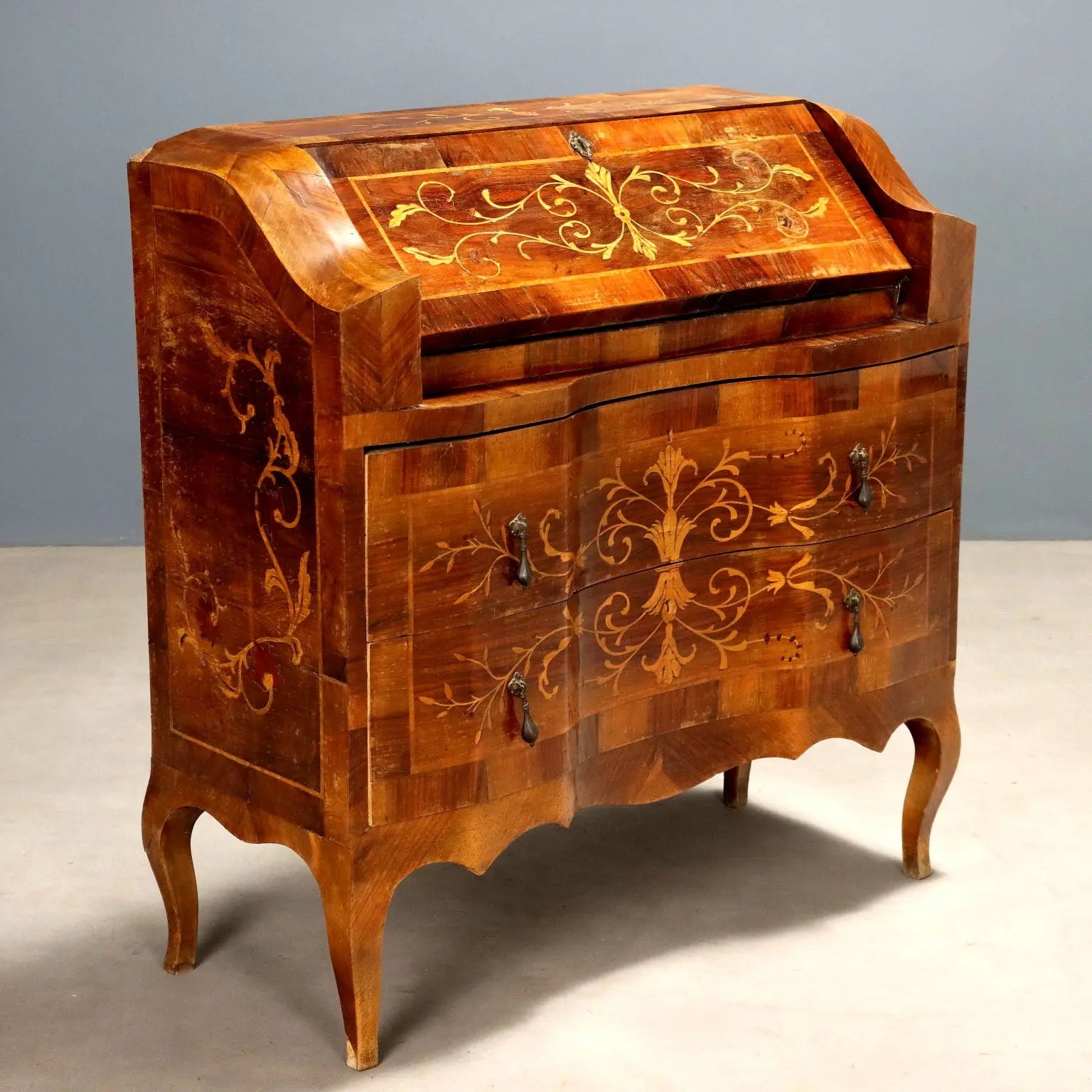 Antique Walnut Drop-Leaf Cabinet Maple 2 Drawers Italy XX Century - Italy, XX Century | Antiques | Desks & Writing Desks