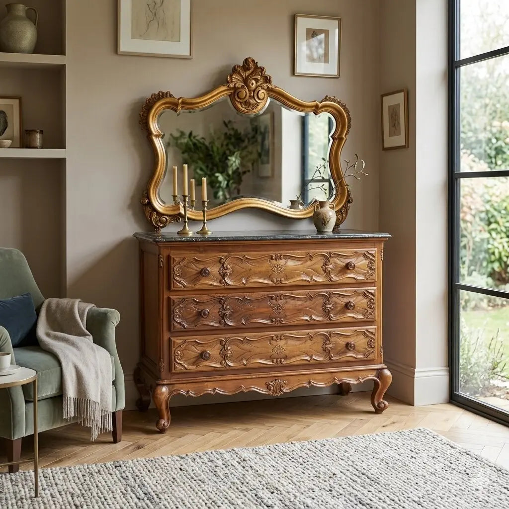 Baroque Walnut Dresser with Mirror - Italy 20th Century