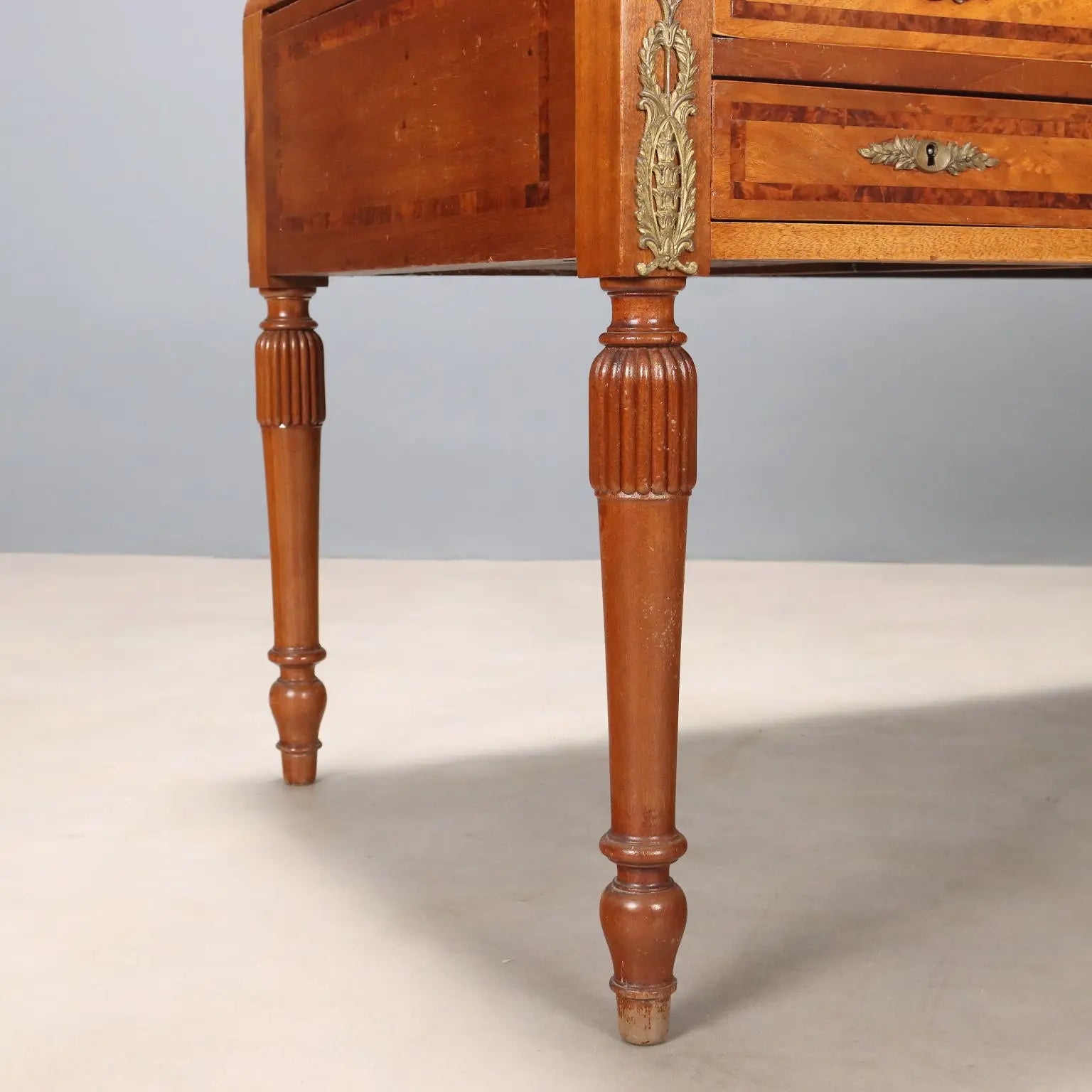 Antique Writing Desk Mahogany Burl Leather Italy XX Century