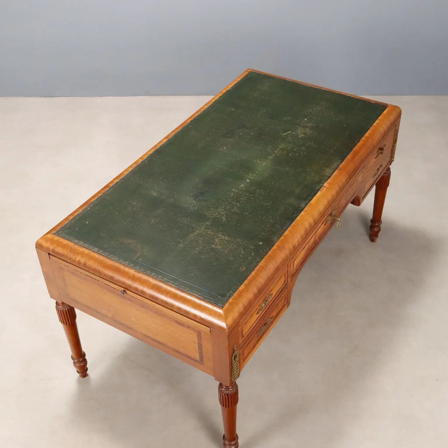 Antique Writing Desk Mahogany Burl Leather Italy XX Century