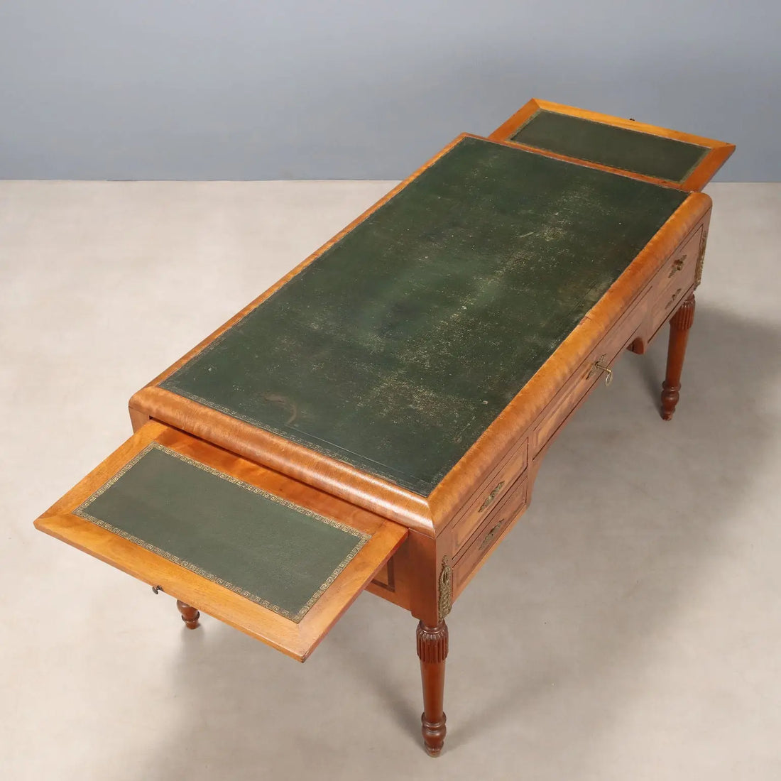 Antique Writing Desk Mahogany Burl Leather Italy XX Century