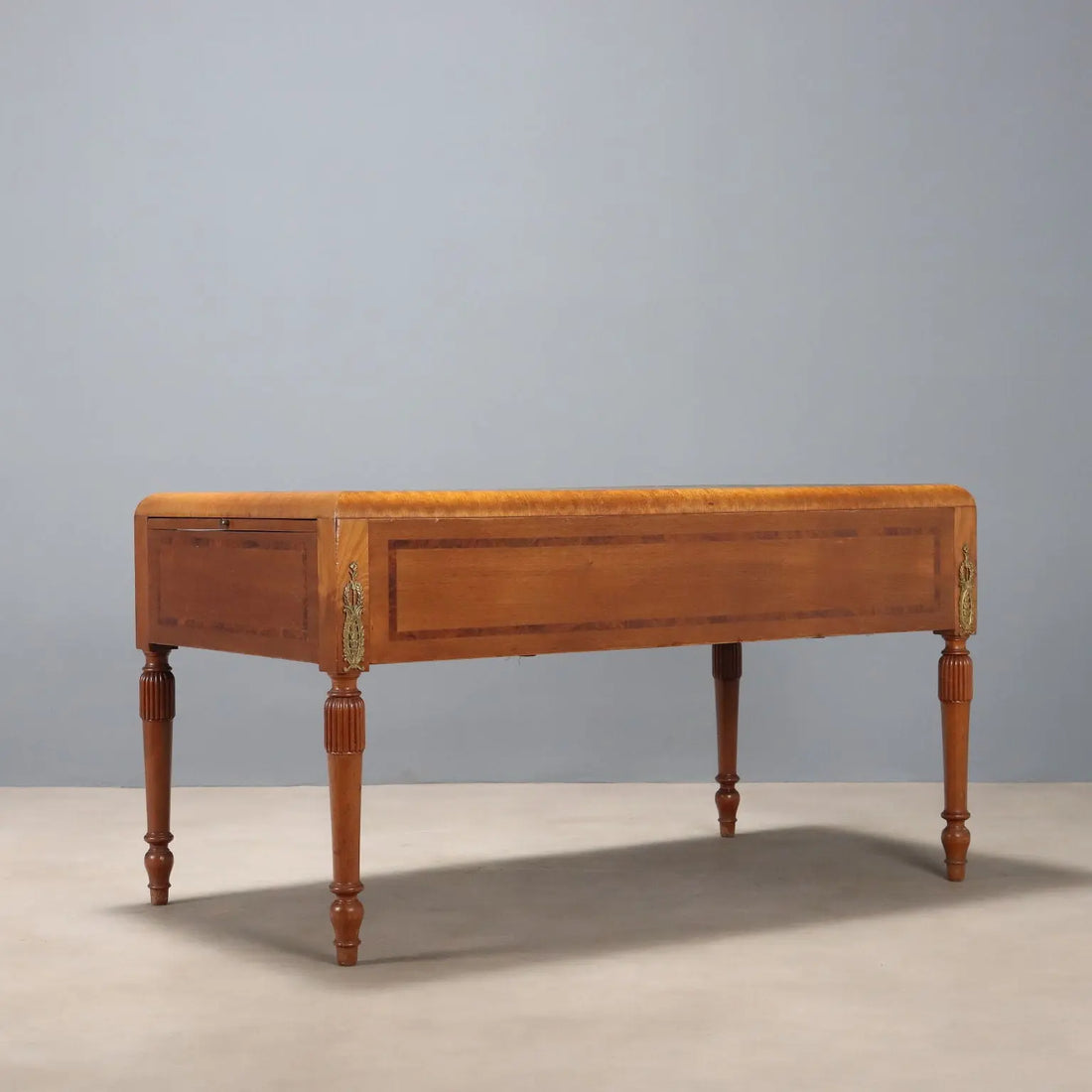 Antique Writing Desk Mahogany Burl Leather Italy XX Century