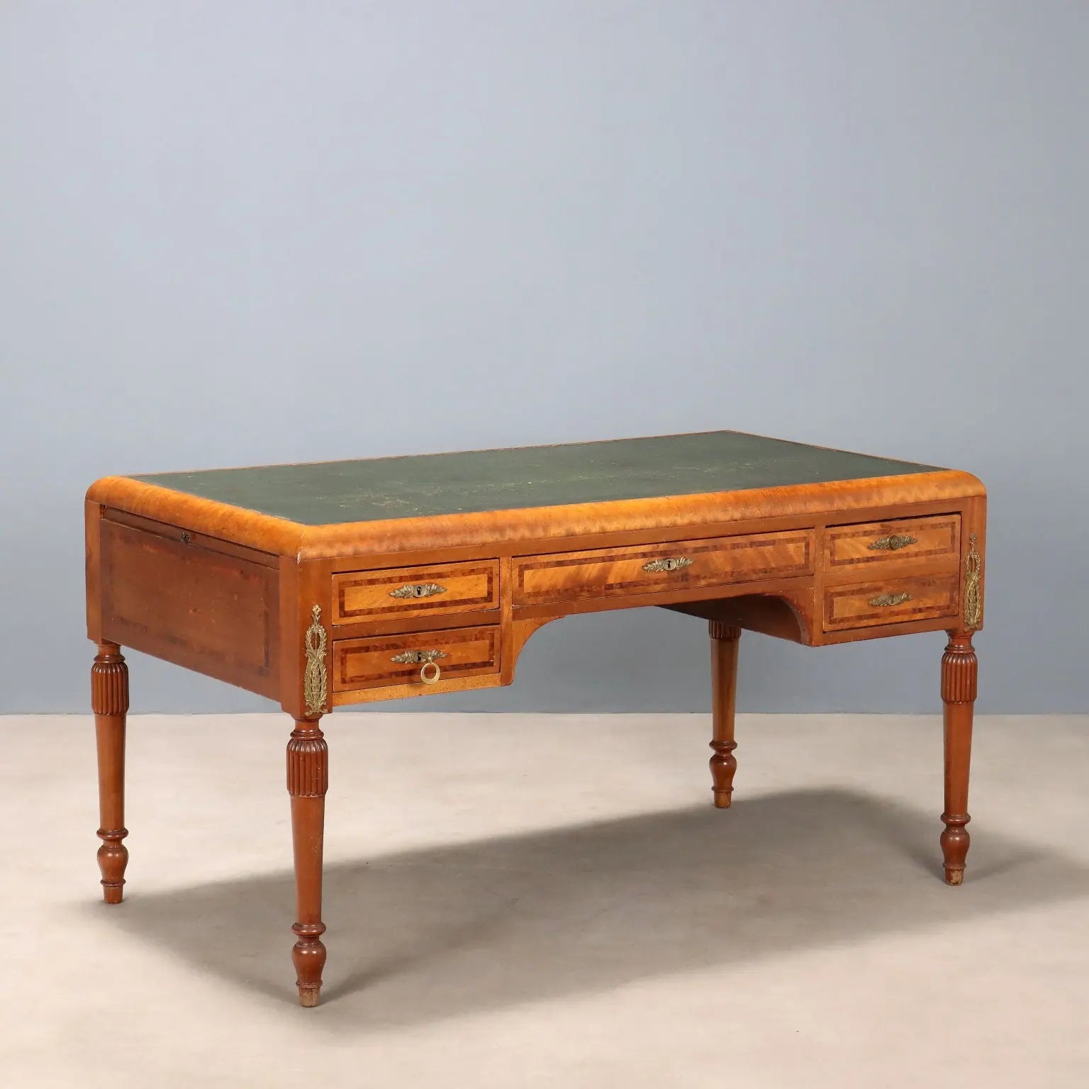Antique Writing Desk Mahogany Burl Leather Italy XX Century
