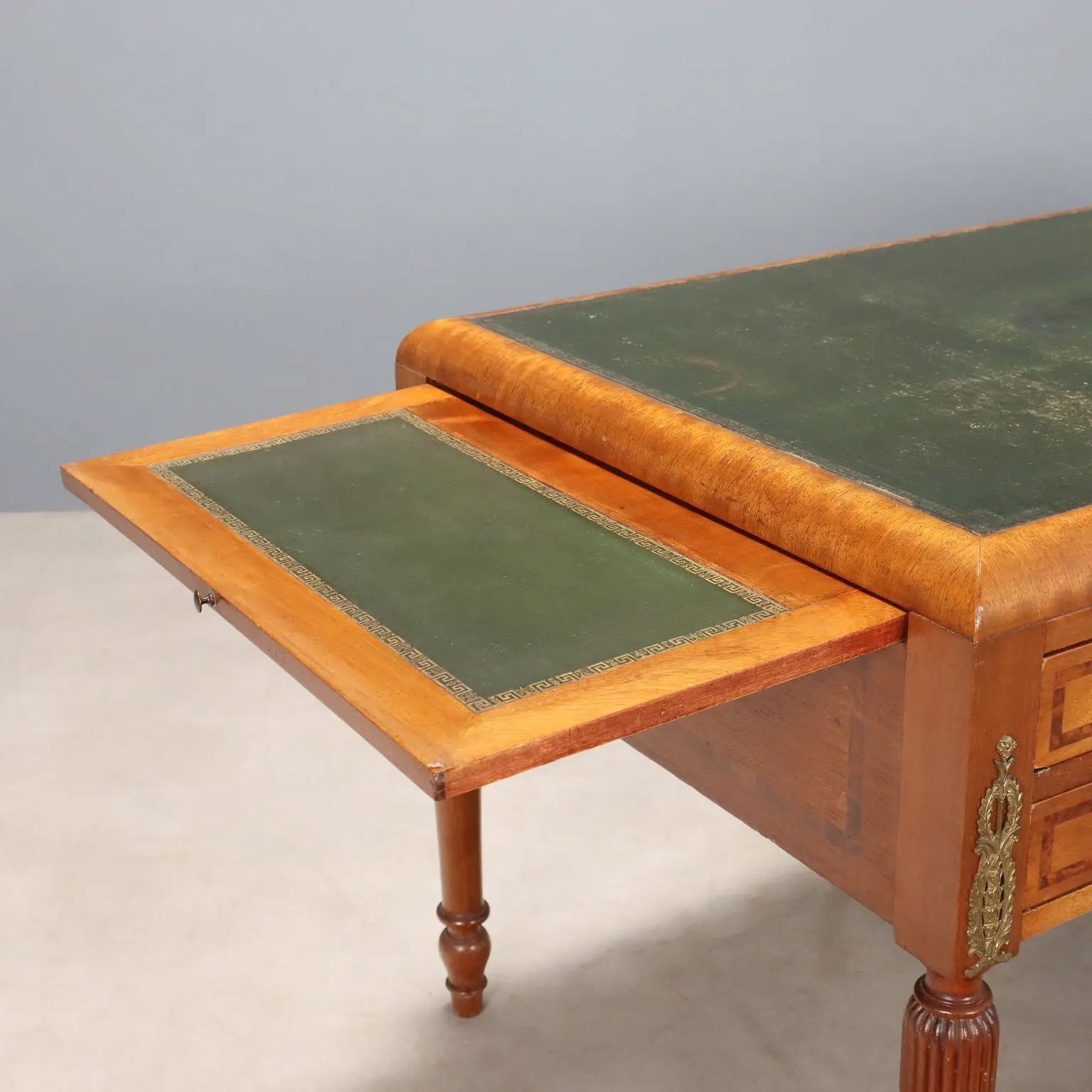 Antique Writing Desk Mahogany Burl Leather Italy XX Century