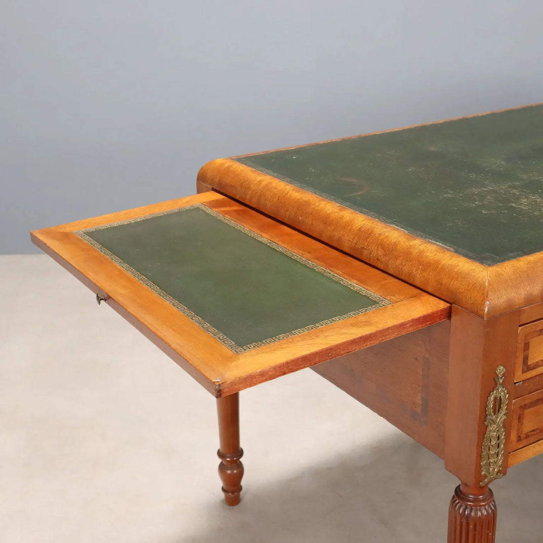 Antique Writing Desk Mahogany Burl Leather Italy XX Century