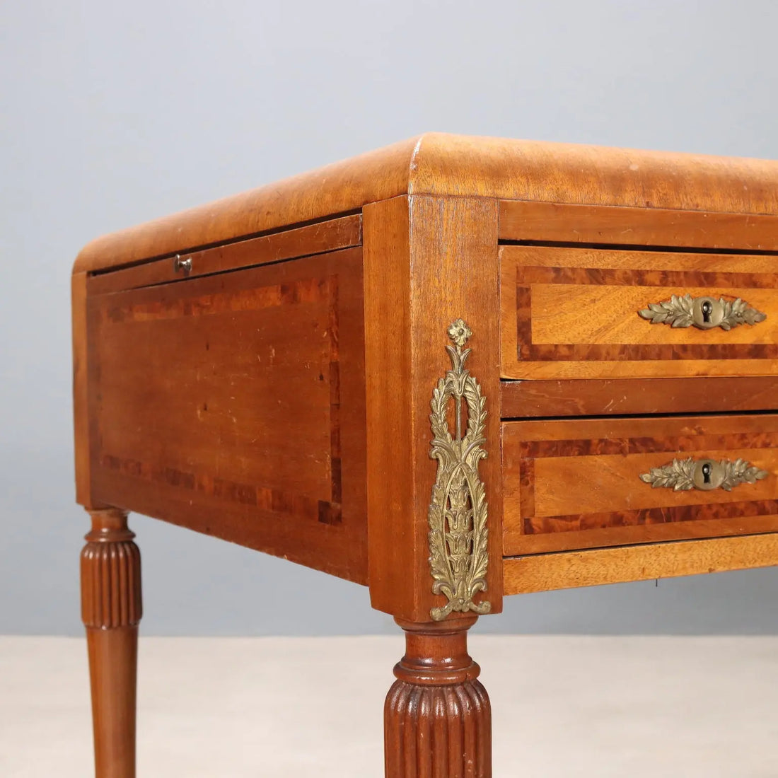 Antique Writing Desk Mahogany Burl Leather Italy XX Century