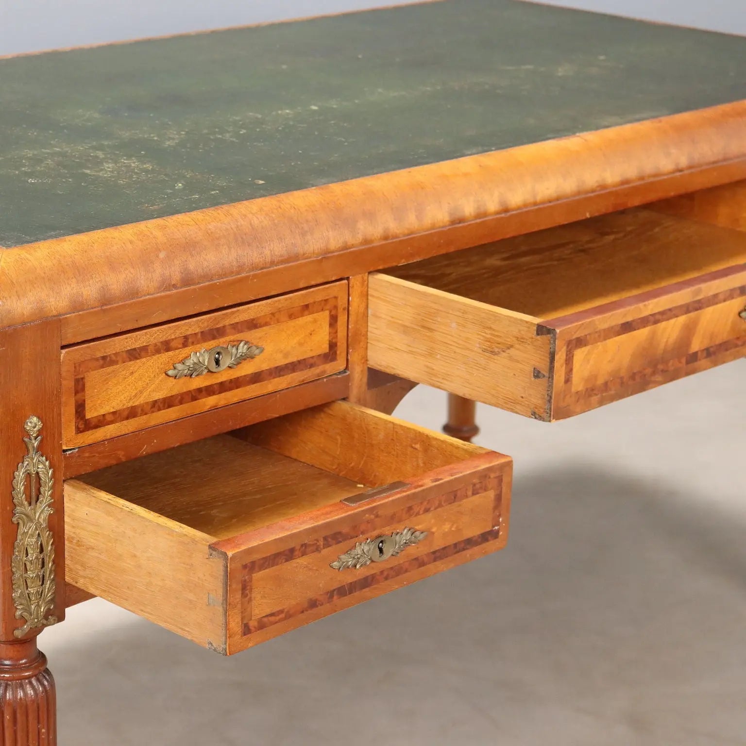 Antique Writing Desk Mahogany Burl Leather Italy XX Century