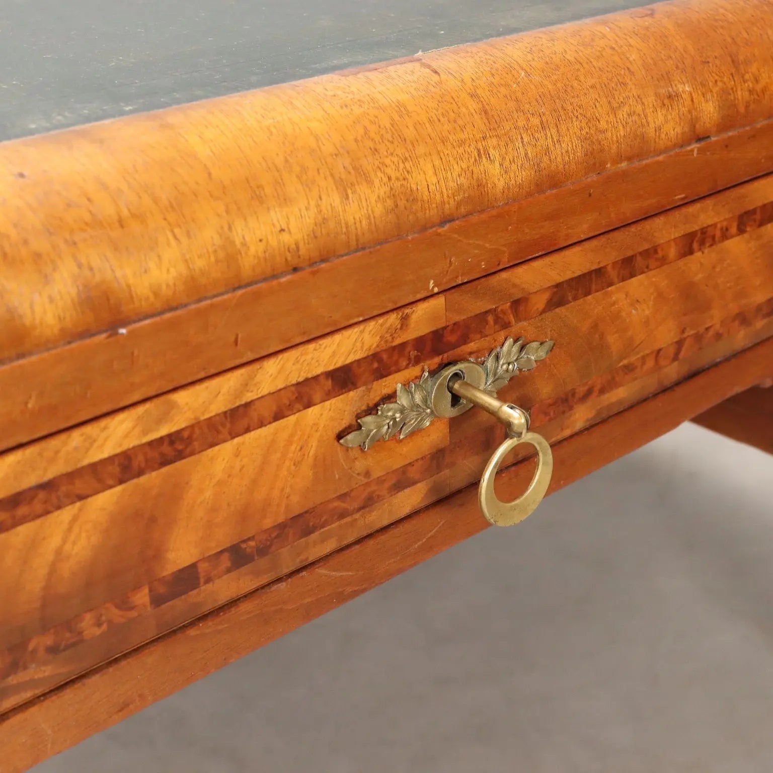 Antique Writing Desk Mahogany Burl Leather Italy XX Century
