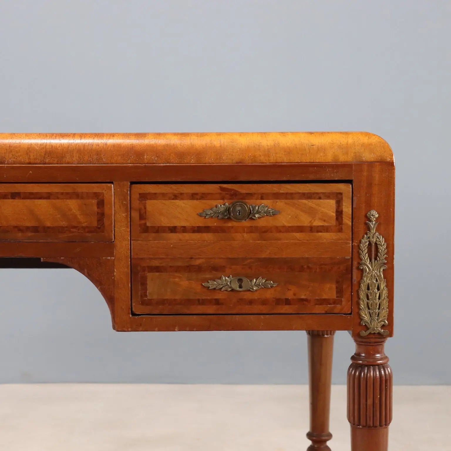 Antique Writing Desk Mahogany Burl Leather Italy XX Century