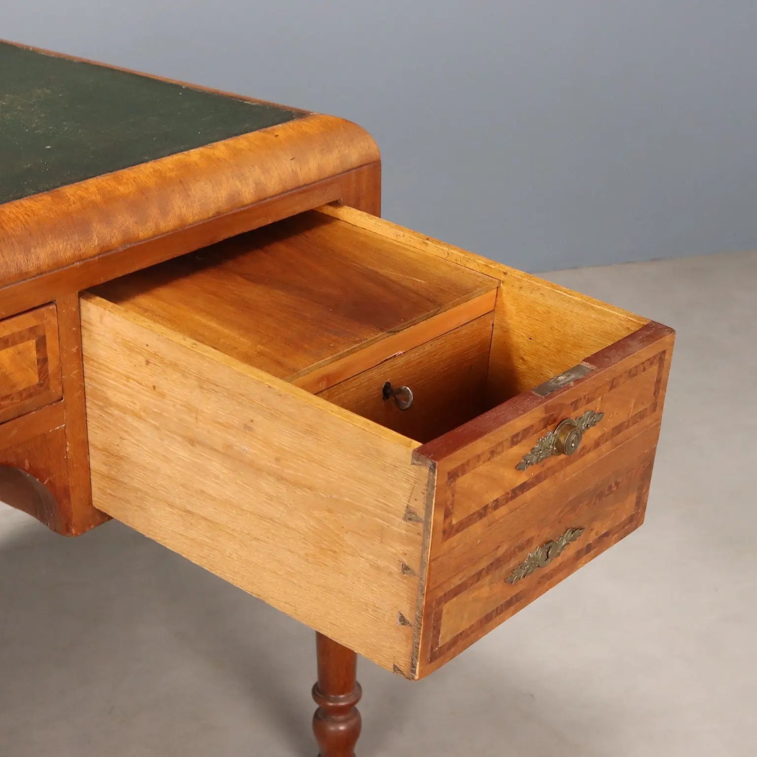 Antique Writing Desk Mahogany Burl Leather Italy XX Century